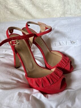 Coral Ruffle Platform Ankle-Strap Heels - Designer Style